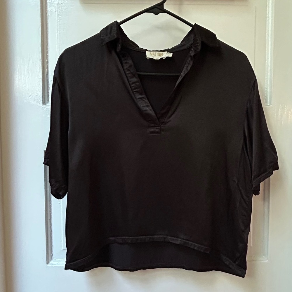 Nation LTD Black Satin Polo Top XS